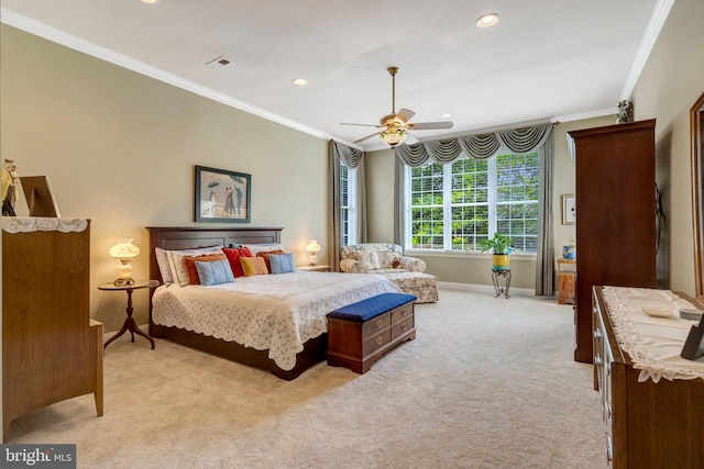 5230 Canyon Creek Way, Haymarket, VA 20169 - bedroom with ornamental molding, light carpet, recessed lighting, and a ceiling fan