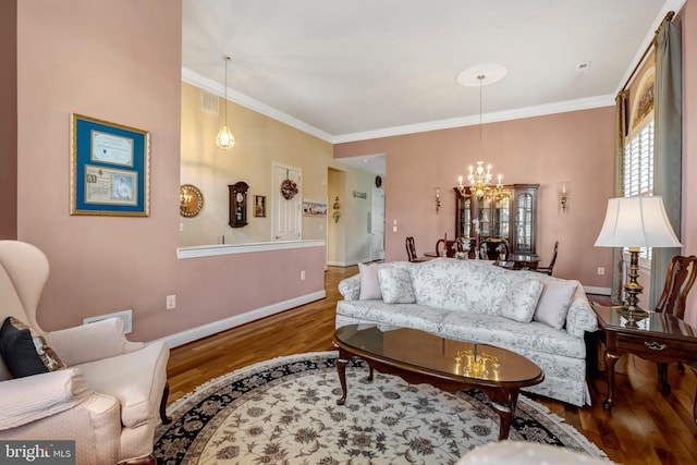5230 Canyon Creek Way, Haymarket, VA 20169 - living area with a chandelier, wood finished floors, and ornamental molding