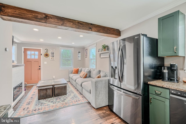 46 Avalon Ave, Dundalk, MD 21222 - living room featuring wood finished floors, recessed lighting, beam ceiling, and ornamental molding