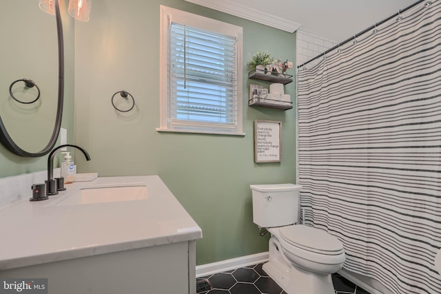 46 Avalon Ave, Dundalk, MD 21222 - bathroom featuring vanity, tile patterned floors, curtained shower, and ornamental molding