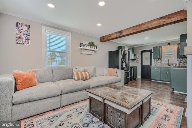 46 Avalon Ave, Dundalk, MD 21222 - living room featuring wood finished floors, crown molding, recessed lighting, and beam ceiling