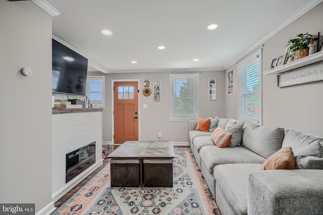 46 Avalon Ave, Dundalk, MD 21222 - living room with crown molding, recessed lighting, and light wood-type flooring