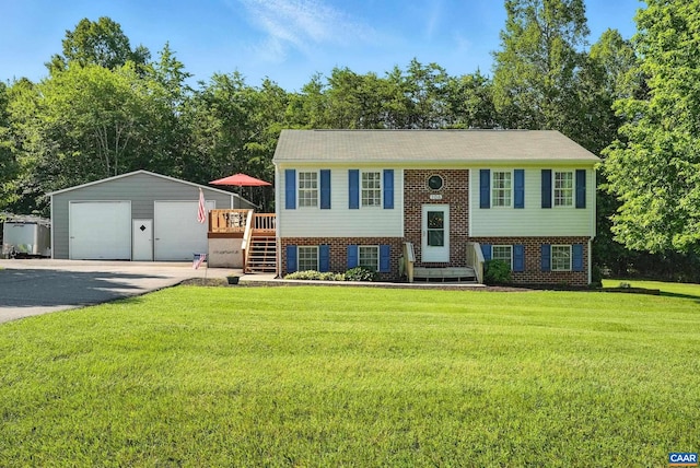 106 Alex Dr, Madison Heights, VA 24572 - split foyer home featuring a garage, an outbuilding, brick siding, and a front lawn