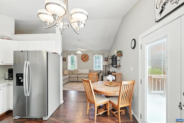 106 Alex Dr, Madison Heights, VA 24572 - dining area featuring lofted ceiling, a chandelier, dark wood-style floors, and a ceiling fan