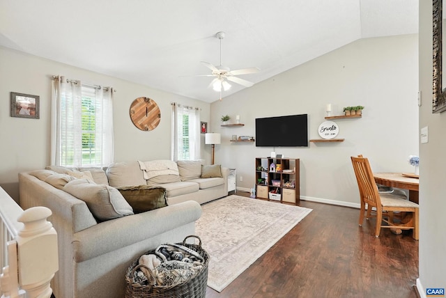 106 Alex Dr, Madison Heights, VA 24572 - living room with vaulted ceiling, a ceiling fan, and dark wood-style flooring