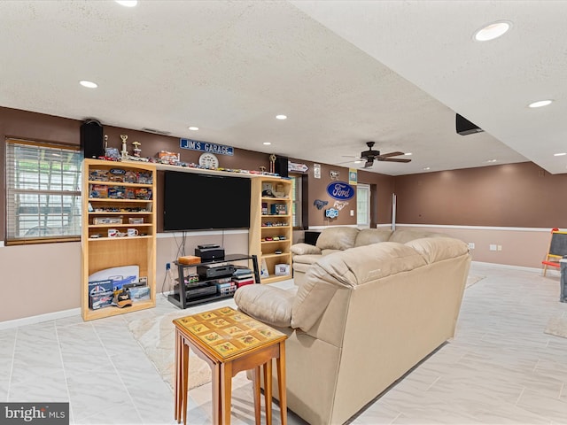 31 Westminster Dr, Front Royal, VA 22630 - living room with a textured ceiling, a ceiling fan, recessed lighting, and marble look tile flooring
