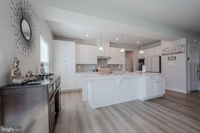 303 Jasper Way, Middletown, DE 19709 - kitchen featuring freestanding refrigerator, stainless steel microwave, under cabinet range hood, light wood-style flooring, and recessed lighting
