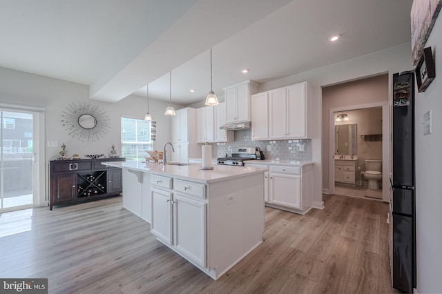303 Jasper Way, Middletown, DE 19709 - kitchen with stainless steel range with gas cooktop, light wood-style flooring, white cabinets, decorative backsplash, and under cabinet range hood