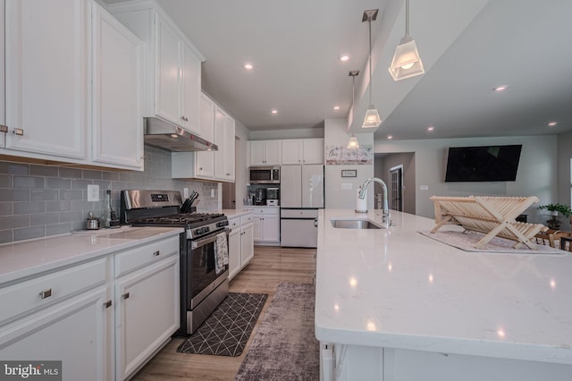 303 Jasper Way, Middletown, DE 19709 - kitchen featuring appliances with stainless steel finishes, under cabinet range hood, light wood-style floors, white cabinetry, and recessed lighting