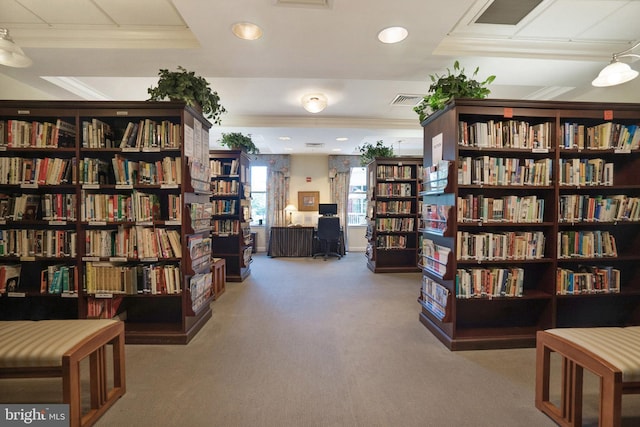 2019 Windrow Dr, Princeton, NJ 08540 - living area featuring bookshelves, carpet, and ornamental molding