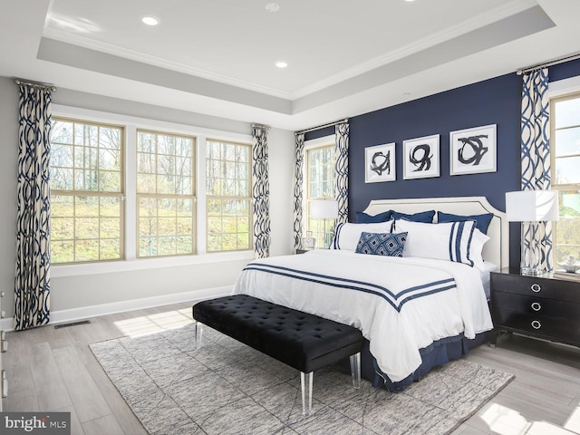 9976 Baker Ln, Ellicott City, MD 21042 - bedroom featuring a raised ceiling, ornamental molding, wood finished floors, and recessed lighting