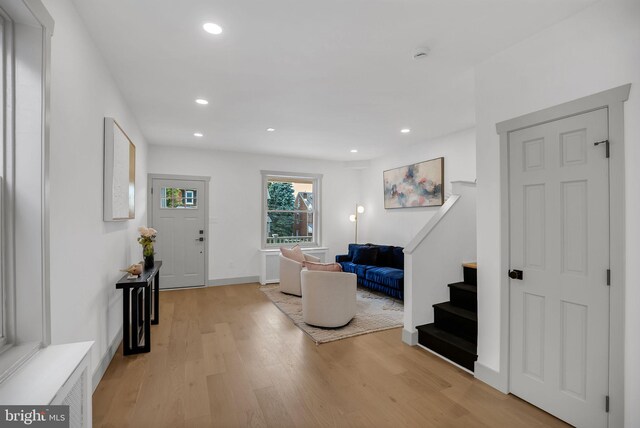 136 W 3rd Ave, Conshohocken, PA 19428 - foyer entrance featuring light wood-style floors, stairs, and recessed lighting