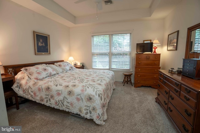 3301 Shellers Bnd Unit 909, State College, PA 16801 - bedroom featuring a tray ceiling, light carpet, and ceiling fan