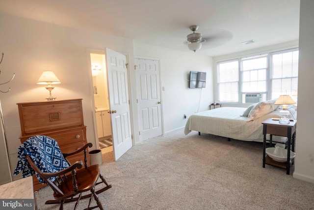 3301 Shellers Bnd Unit 909, State College, PA 16801 - bedroom featuring cooling unit, carpet flooring, connected bathroom, and a ceiling fan