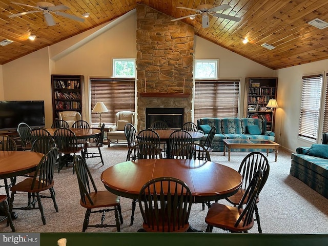 3301 Shellers Bnd Unit 909, State College, PA 16801 - dining space with a ceiling fan, wood ceiling, high vaulted ceiling, healthy amount of natural light, and carpet