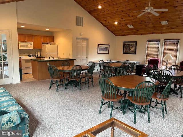 3301 Shellers Bnd Unit 909, State College, PA 16801 - dining area featuring light colored carpet, wood ceiling, high vaulted ceiling, a ceiling fan, and recessed lighting