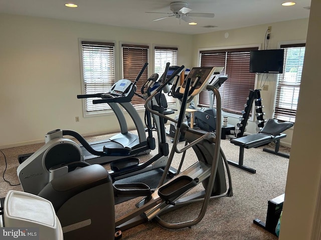 3301 Shellers Bnd Unit 909, State College, PA 16801 - gym with carpet flooring, a ceiling fan, and recessed lighting