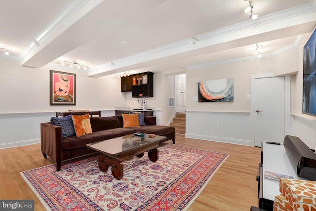 1904 Vermont Ave NW Unit A, Washington, DC 20001 - living room with track lighting, light wood-style floors, crown molding, and a wainscoted wall