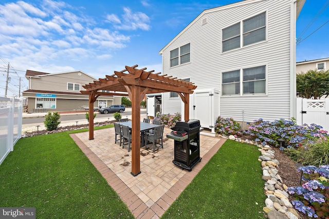 6203 Long Beach Blvd, Long Beach Township, NJ 08008 - fenced backyard featuring a pergola, a patio, a grill, and a gate