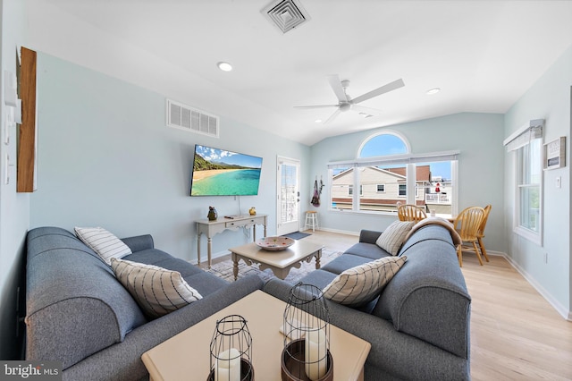 6203 Long Beach Blvd, Long Beach Township, NJ 08008 - living room featuring light wood-style flooring, recessed lighting, a ceiling fan, and vaulted ceiling