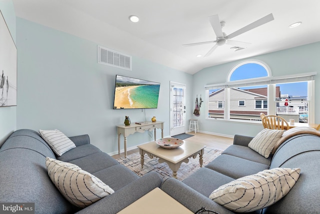 6203 Long Beach Blvd, Long Beach Township, NJ 08008 - living area featuring ceiling fan, wood finished floors, recessed lighting, and lofted ceiling