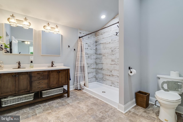 15065 Rock Point Rd, Newburg, MD 20664 - bathroom with double vanity, tiled shower, and vaulted ceiling