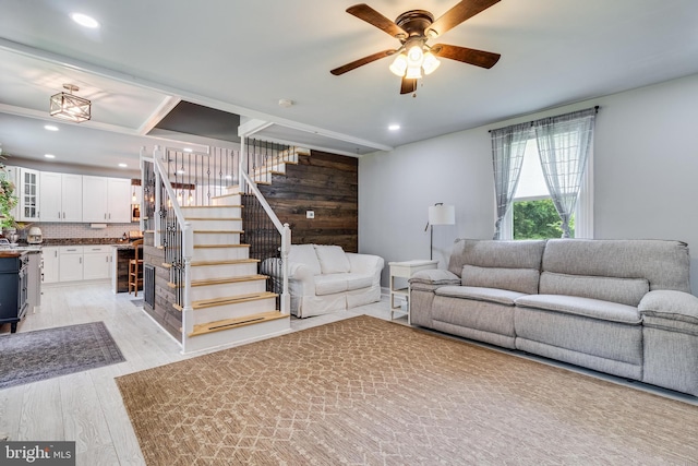 15065 Rock Point Rd, Newburg, MD 20664 - living room with stairs, light wood-type flooring, a ceiling fan, and recessed lighting