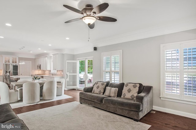 1506 White Tail Deer Ct, Annapolis, MD 21409 - living area with ornamental molding, dark wood-style flooring, ceiling fan, and recessed lighting