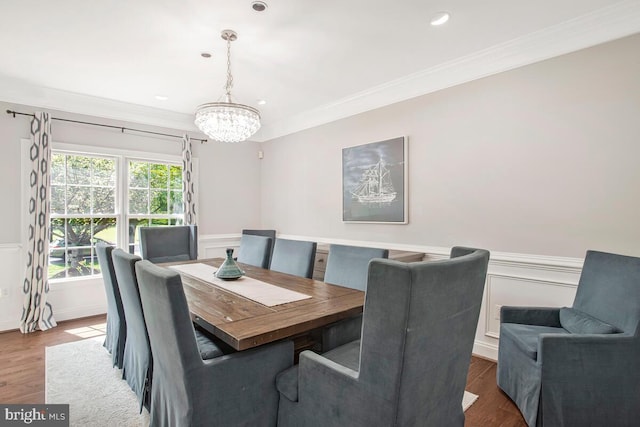 1506 White Tail Deer Ct, Annapolis, MD 21409 - dining space featuring a chandelier, ornamental molding, dark wood-style floors, wainscoting, and recessed lighting