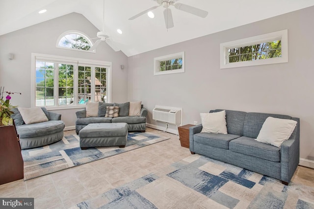 1506 White Tail Deer Ct, Annapolis, MD 21409 - living area featuring a wall mounted AC, ceiling fan, recessed lighting, and high vaulted ceiling