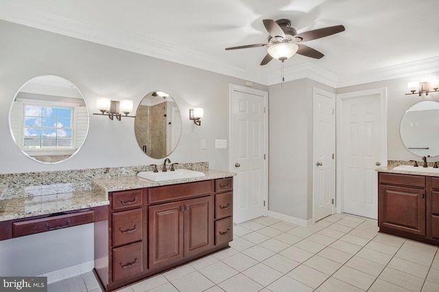 1506 White Tail Deer Ct, Annapolis, MD 21409 - full bath featuring two vanities, ceiling fan, a chandelier, crown molding, and tile patterned flooring