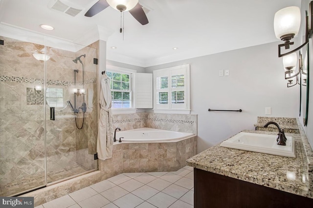 1506 White Tail Deer Ct, Annapolis, MD 21409 - bathroom with a garden tub, vanity, a shower stall, tile patterned flooring, and crown molding