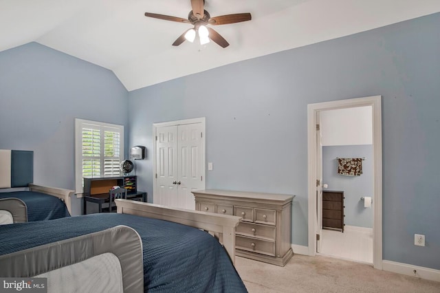1506 White Tail Deer Ct, Annapolis, MD 21409 - bedroom with vaulted ceiling, carpet flooring, a closet, ensuite bath, and a ceiling fan