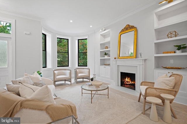 1834 16th St NW, Washington, DC 20009 - living area featuring built in shelves, a warm lit fireplace, ornamental molding, plenty of natural light, and recessed lighting