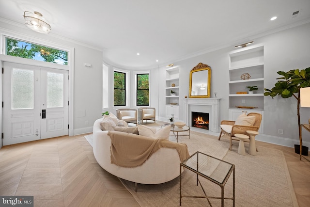 1834 16th St NW, Washington, DC 20009 - living room with built in features, ornamental molding, a lit fireplace, healthy amount of natural light, and recessed lighting