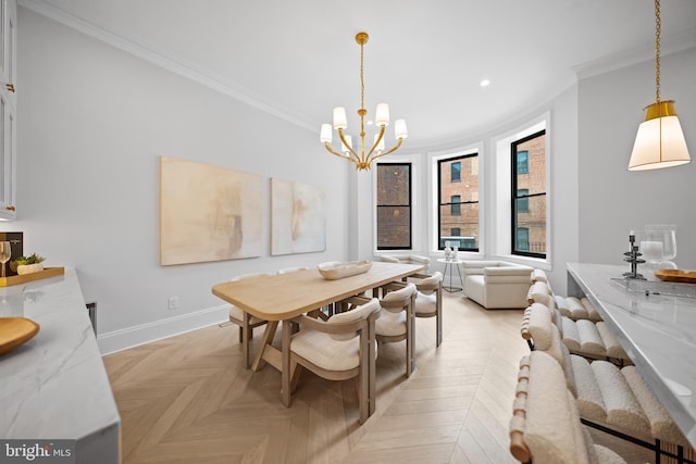 1834 16th St NW, Washington, DC 20009 - dining space with crown molding, a chandelier, and recessed lighting