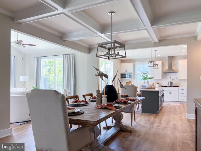 23 Old, Banks, Fredericksburg, VA 22406 - dining space featuring healthy amount of natural light, light wood-style floors, beamed ceiling, coffered ceiling, and a chandelier