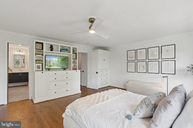 10905 Wickshire Way Unit G-2, North Bethesda, MD 20852 - bedroom featuring crown molding, wood finished floors, ensuite bathroom, and a ceiling fan
