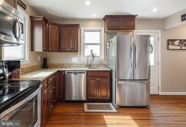 107 Philmar Ave, Cherry Hill, NJ 08003 - kitchen featuring appliances with stainless steel finishes, dark wood finished floors, recessed lighting, and light stone counters