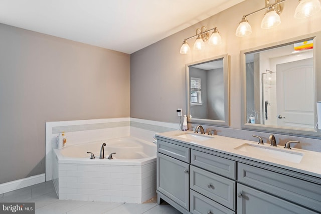 136 Tiller Ave, Manahawkin, NJ 08050 - full bathroom featuring a garden tub, double vanity, tile patterned flooring, and a shower with shower door