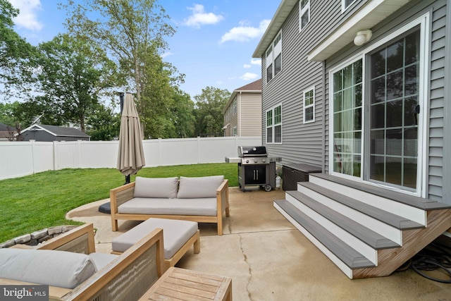 136 Tiller Ave, Manahawkin, NJ 08050 - fenced backyard with entry steps, an outdoor living space, area for grilling, and a patio