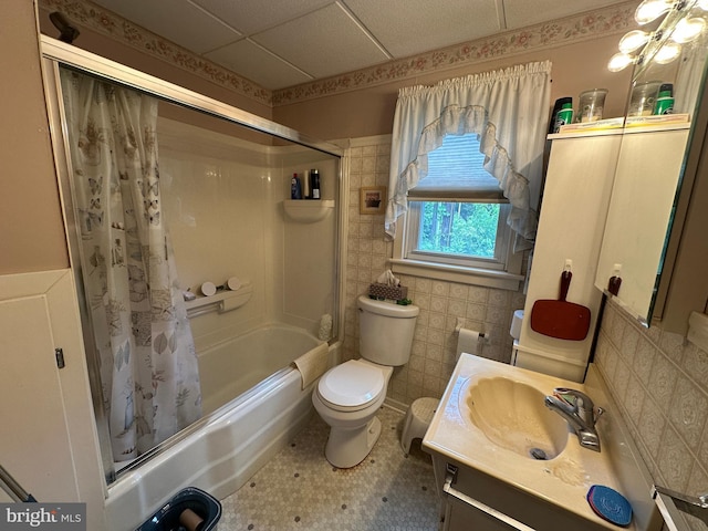 7819 Mentzer Gap Rd, Waynesboro, PA 17268 - full bathroom with shower / bath combo with shower curtain, vanity, tile walls, and a paneled ceiling