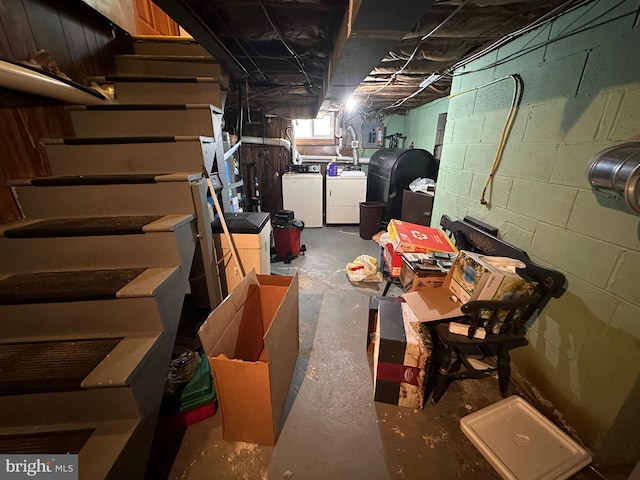 7819 Mentzer Gap Rd, Waynesboro, PA 17268 - basement with separate washer and dryer, oil tank, and stairs