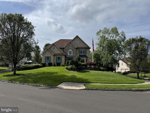 13 Cedar Crest Ct, Doylestown, PA 18901 - craftsman inspired home featuring stone siding, a front yard, and stucco siding