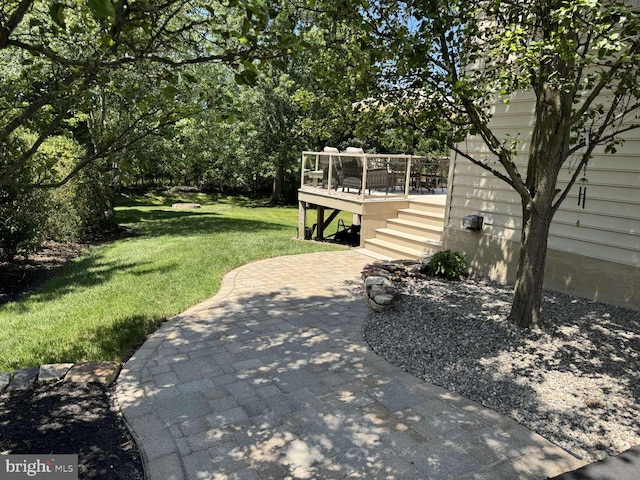 13 Cedar Crest Ct, Doylestown, PA 18901 - view of green lawn with a wooden deck, a patio, and stairs