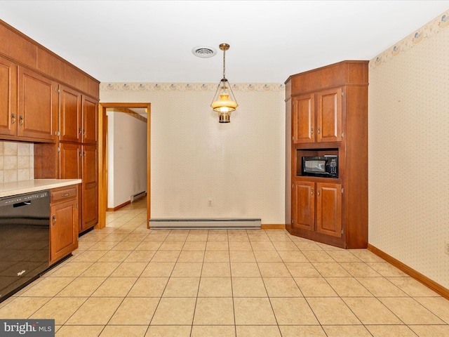 6505 Morningside Ct, Middletown, MD 21769 - kitchen with black appliances, wallpapered walls, a baseboard radiator, light countertops, and pendant lighting
