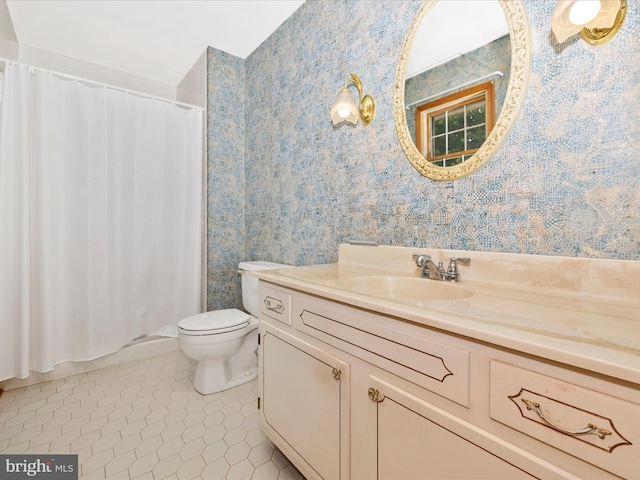 6505 Morningside Ct, Middletown, MD 21769 - full bath featuring wallpapered walls, vanity, tile patterned flooring, and a shower with shower curtain