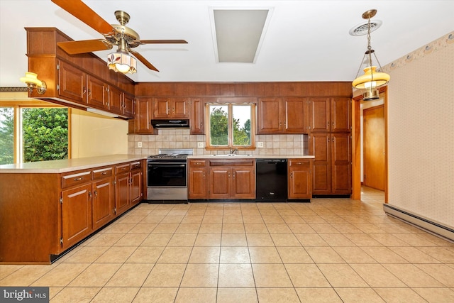 6505 Morningside Ct, Middletown, MD 21769 - kitchen featuring dishwasher, gas range, under cabinet range hood, wallpapered walls, and light countertops