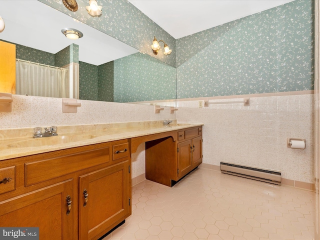6505 Morningside Ct, Middletown, MD 21769 - full bath with a baseboard radiator, wallpapered walls, double vanity, wainscoting, and tile patterned floors