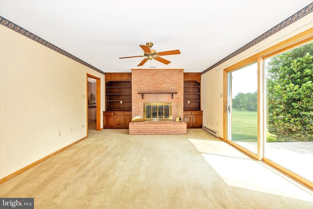 6505 Morningside Ct, Middletown, MD 21769 - unfurnished living room with a baseboard radiator, a ceiling fan, light carpet, built in features, and a fireplace